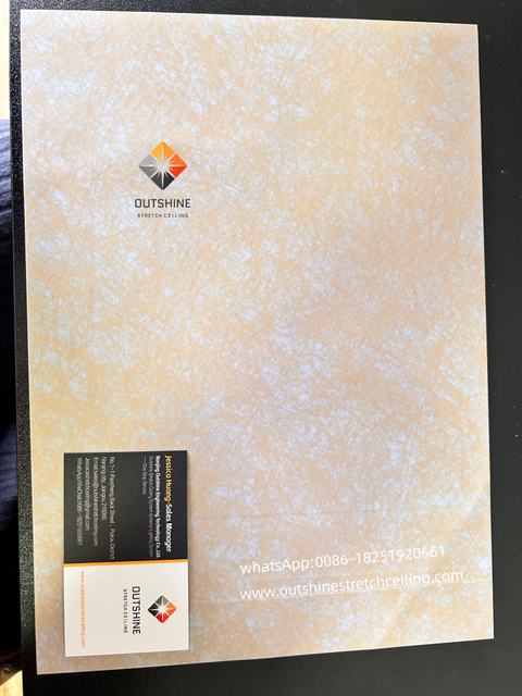 Newly Developed Translucent PVC Stretch Ceiling Roll Light Yellow Cloud Silk Effect Manufactured by Nanjing Outshine PVC Stretch Ceiling Factory Roll Size 3.2M X100M