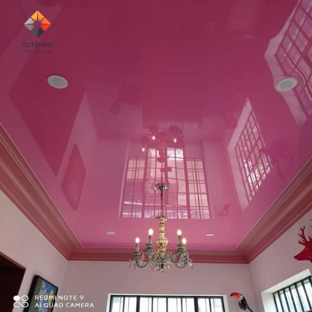 Best Selling Premium Glossy PVC Stretch Ceiling Pink color red color laqure plafon tendu- Mirror Finish for Modern Interiors